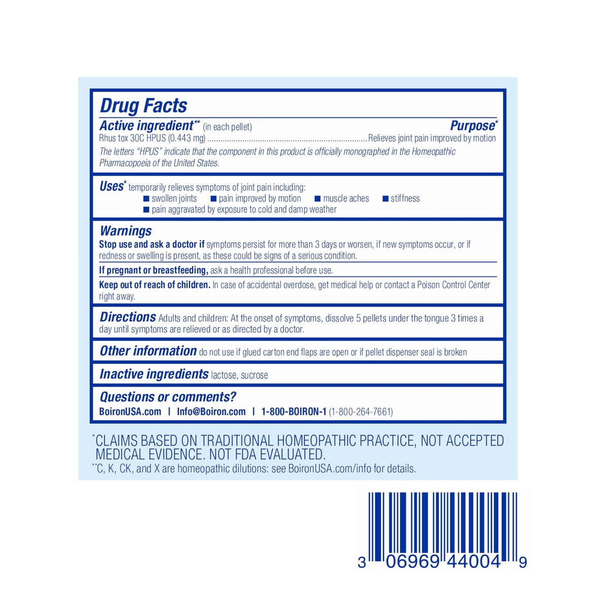 Boiron Rhus Tox 30C Homöopathisches Arzneimittel gegen Gelenkschmerzen, Muskelkater, geschwollene oder steife Gelenke und wetterbedingte Schmerzen – 3er-Pack (240 Kügelchen)