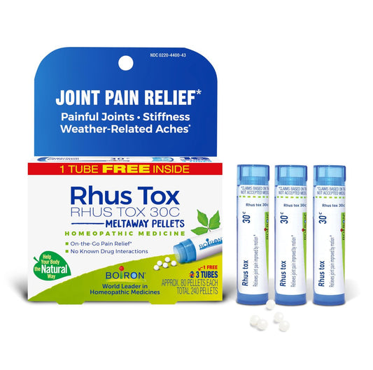 Boiron Rhus Tox 30C Homöopathisches Arzneimittel gegen Gelenkschmerzen, Muskelkater, geschwollene oder steife Gelenke und wetterbedingte Schmerzen – 3er-Pack (240 Kügelchen)