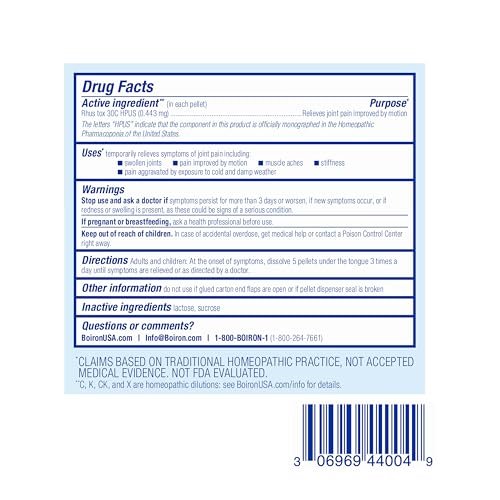 Boiron Rhus Tox 30C Homöopathisches Arzneimittel gegen Gelenkschmerzen, Muskelkater, geschwollene oder steife Gelenke und wetterbedingte Schmerzen – 3er-Pack (240 Kügelchen)