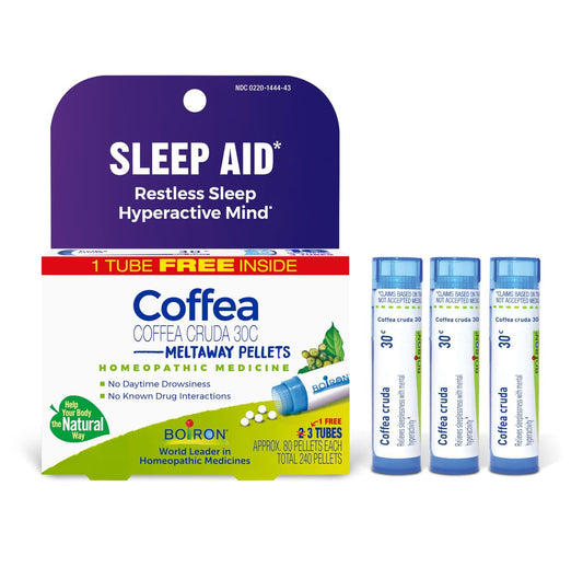 Boiron Coffea Cruda 30C – Homöopathisches Schlafmittel bei unruhigem Schlaf, Gedankenrasen und Einschlafstörungen – 3 Packungen (240 Kügelchen)