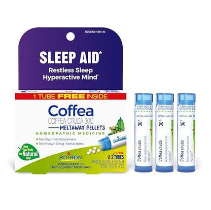 Boiron Coffea Cruda 30C – Homöopathisches Schlafmittel bei unruhigem Schlaf, Gedankenrasen und Einschlafstörungen – 3 Packungen (240 Kügelchen)