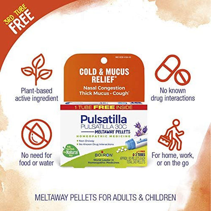 Boiron Pulsatilla 30C Homöopathisches Arzneimittel gegen Erkältung, Nasenverstopfung, dicken Schleim und Husten – 3er-Pack (240 Kügelchen)