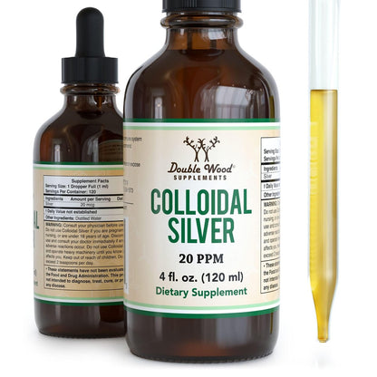 Kolloidales Silber 20 PPM - 118 ml (Plata Coloidal mit Pipette) 99,9% Rein, Glutenfrei, Nicht-GVO von Double Wood Supplements