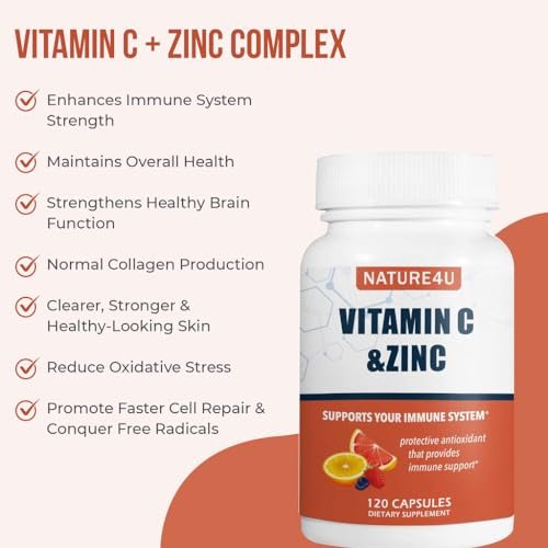Nature4U Vitamin C 1000mg mit Zink, Hagebutte und Citrus-Bioflavonoiden – Immunsystem-Unterstützung, Antioxidantien-Schutz, 120 Kapseln
