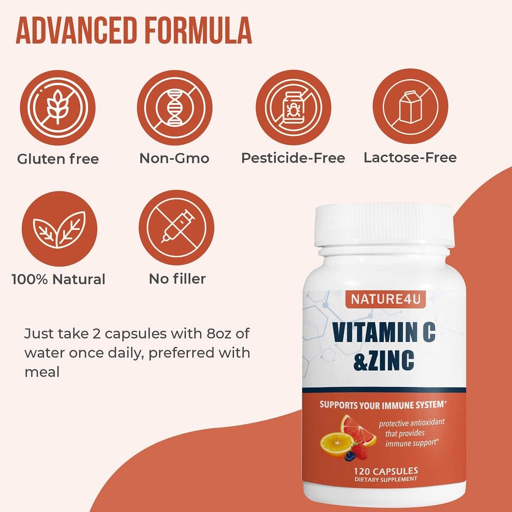 Nature4U Vitamin C 1000mg mit Zink, Hagebutte und Citrus-Bioflavonoiden – Immunsystem-Unterstützung, Antioxidantien-Schutz, 120 Kapseln