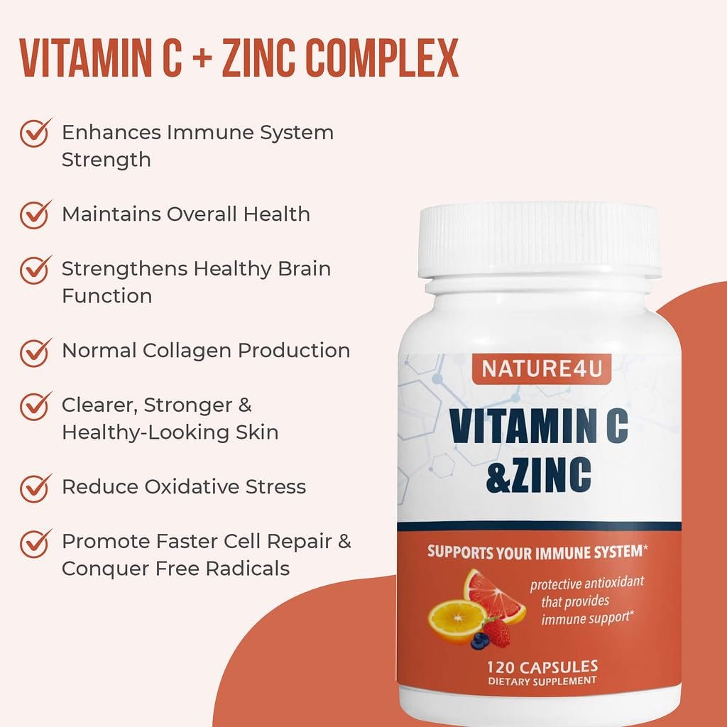 Nature4U Vitamin C 1000mg mit Zink, Hagebutte und Citrus-Bioflavonoiden – Immunsystem-Unterstützung, Antioxidantien-Schutz, 120 Kapseln