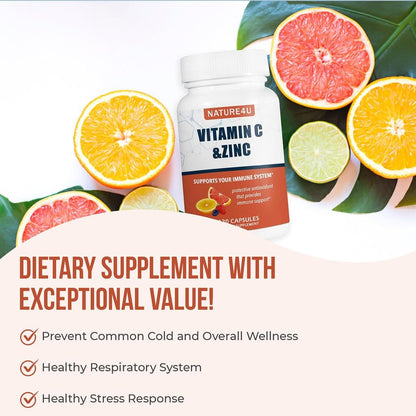 Nature4U Vitamin C 1000mg mit Zink, Hagebutte und Citrus-Bioflavonoiden – Immunsystem-Unterstützung, Antioxidantien-Schutz, 120 Kapseln