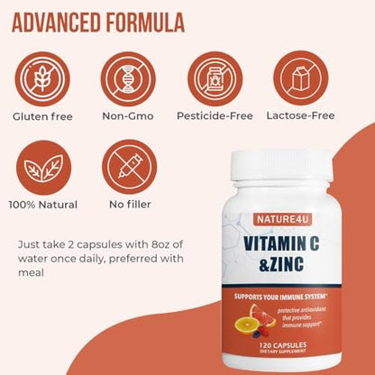Nature4U Vitamin C 1000mg mit Zink, Hagebutte und Citrus-Bioflavonoiden – Immunsystem-Unterstützung, Antioxidantien-Schutz, 120 Kapseln