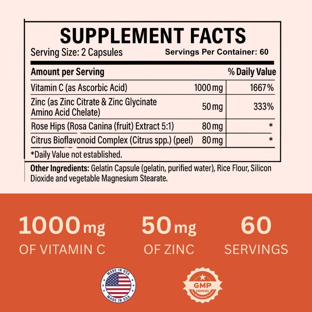 Nature4U Vitamin C 1000mg mit Zink, Hagebutte und Citrus-Bioflavonoiden – Immunsystem-Unterstützung, Antioxidantien-Schutz, 120 Kapseln