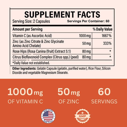 Nature4U Vitamin C 1000mg mit Zink, Hagebutte und Citrus-Bioflavonoiden – Immunsystem-Unterstützung, Antioxidantien-Schutz, 120 Kapseln