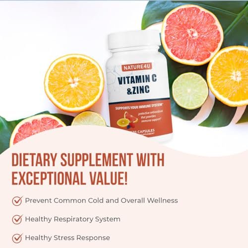 Nature4U Vitamin C 1000mg mit Zink, Hagebutte und Citrus-Bioflavonoiden – Immunsystem-Unterstützung, Antioxidantien-Schutz, 120 Kapseln