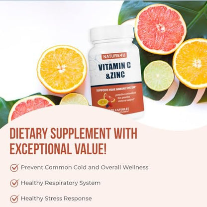 Nature4U Vitamin C 1000mg mit Zink, Hagebutte und Citrus-Bioflavonoiden – Immunsystem-Unterstützung, Antioxidantien-Schutz, 120 Kapseln
