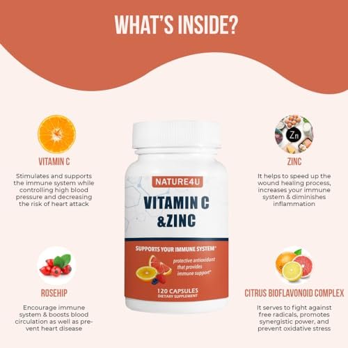 Nature4U Vitamin C 1000mg mit Zink, Hagebutte und Citrus-Bioflavonoiden – Immunsystem-Unterstützung, Antioxidantien-Schutz, 120 Kapseln