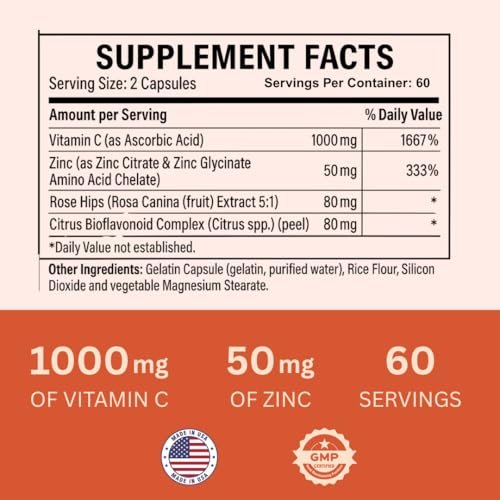 Nature4U Vitamin C 1000mg mit Zink, Hagebutte und Citrus-Bioflavonoiden – Immunsystem-Unterstützung, Antioxidantien-Schutz, 120 Kapseln