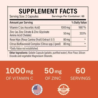 Nature4U Vitamin C 1000mg mit Zink, Hagebutte und Citrus-Bioflavonoiden – Immunsystem-Unterstützung, Antioxidantien-Schutz, 120 Kapseln