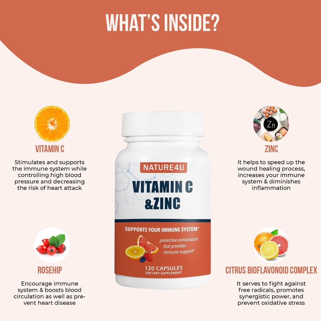 Nature4U Vitamin C 1000mg mit Zink, Hagebutte und Citrus-Bioflavonoiden – Immunsystem-Unterstützung, Antioxidantien-Schutz, 120 Kapseln