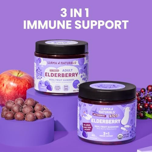 Llama Naturals Holunderbeeren Gummibärchen für Erwachsene – Veganes, Bio Immunsystem Unterstützung mit Vitamin C und Zink, Echte Fruchtgummis, Ohne Zuckerrohr, 90 Stück