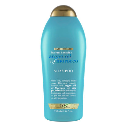 OGX Extra Stärke Feuchtigkeit & Reparatur + Arganöl von Marokko Shampoo für trockenes, geschädigtes Haar, kaltgepresstes Arganöl zur Feuchtigkeitsversorgung und Glättung, parabenfrei, sulfatfreie Tenside, 750 ml