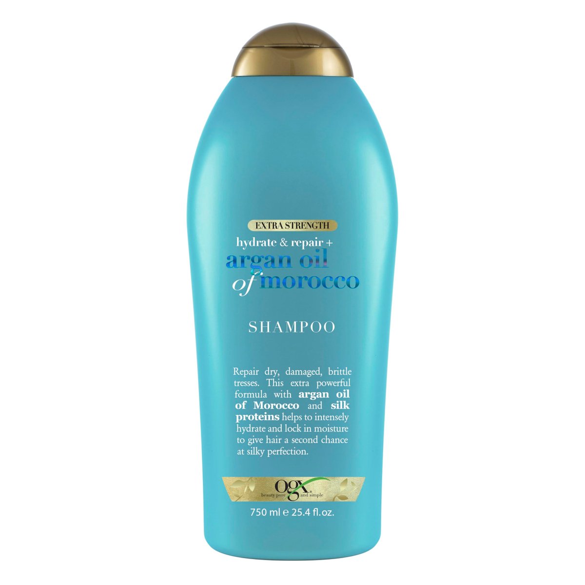 OGX Extra Stärke Feuchtigkeit & Reparatur + Arganöl von Marokko Shampoo für trockenes, geschädigtes Haar, kaltgepresstes Arganöl zur Feuchtigkeitsversorgung und Glättung, parabenfrei, sulfatfreie Tenside, 750 ml