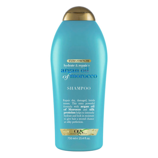 OGX Extra Stärke Feuchtigkeit & Reparatur + Arganöl von Marokko Shampoo für trockenes, geschädigtes Haar, kaltgepresstes Arganöl zur Feuchtigkeitsversorgung und Glättung, parabenfrei, sulfatfreie Tenside, 750 ml