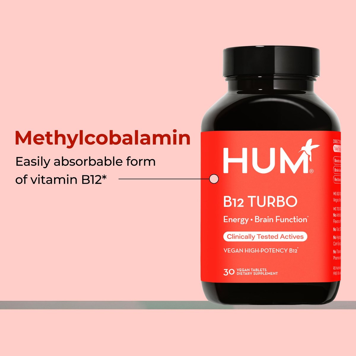 HUM B12 Turbo – Hochdosiertes Vitamin B12 Präparat mit Calcium für tägliche Energie, vegan & glutenfrei, 30 Tabletten