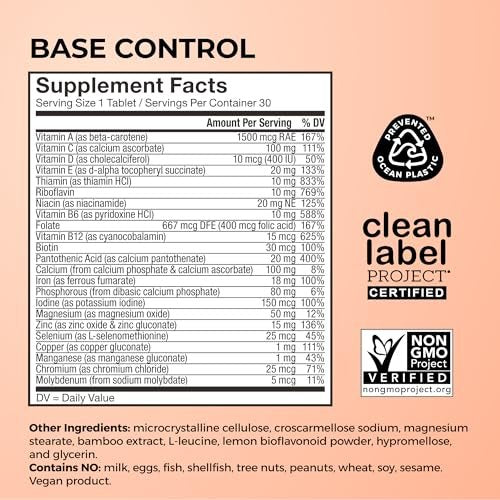 HUM Base Control Multivitamin für Frauen – 22 essentielle Vitamine & Mineralien, Vitamin C, Eisen, Biotin, Zink, B-Komplex, Unterstützung für die Prämenopause, glutenfrei, 30 Kapseln