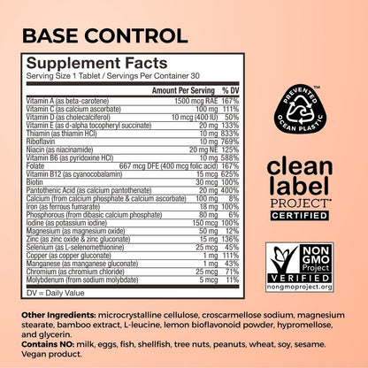 HUM Base Control Multivitamin für Frauen – 22 essentielle Vitamine & Mineralien, Vitamin C, Eisen, Biotin, Zink, B-Komplex, Unterstützung für die Prämenopause, glutenfrei, 30 Kapseln