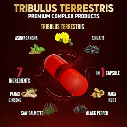 Tribulus Terrestris Kapseln mit Ashwagandha, Panax Ginseng, Sägepalme, Maca, Shilajit – 90 Kapseln – 3 Monate Vorrat