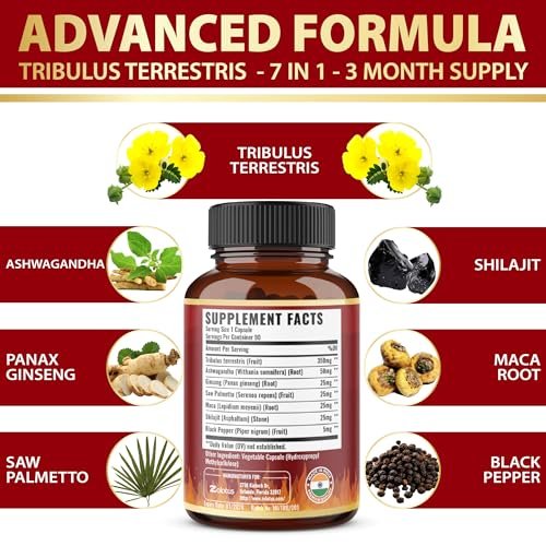 Tribulus Terrestris Kapseln mit Ashwagandha, Panax Ginseng, Sägepalme, Maca, Shilajit – 90 Kapseln – 3 Monate Vorrat