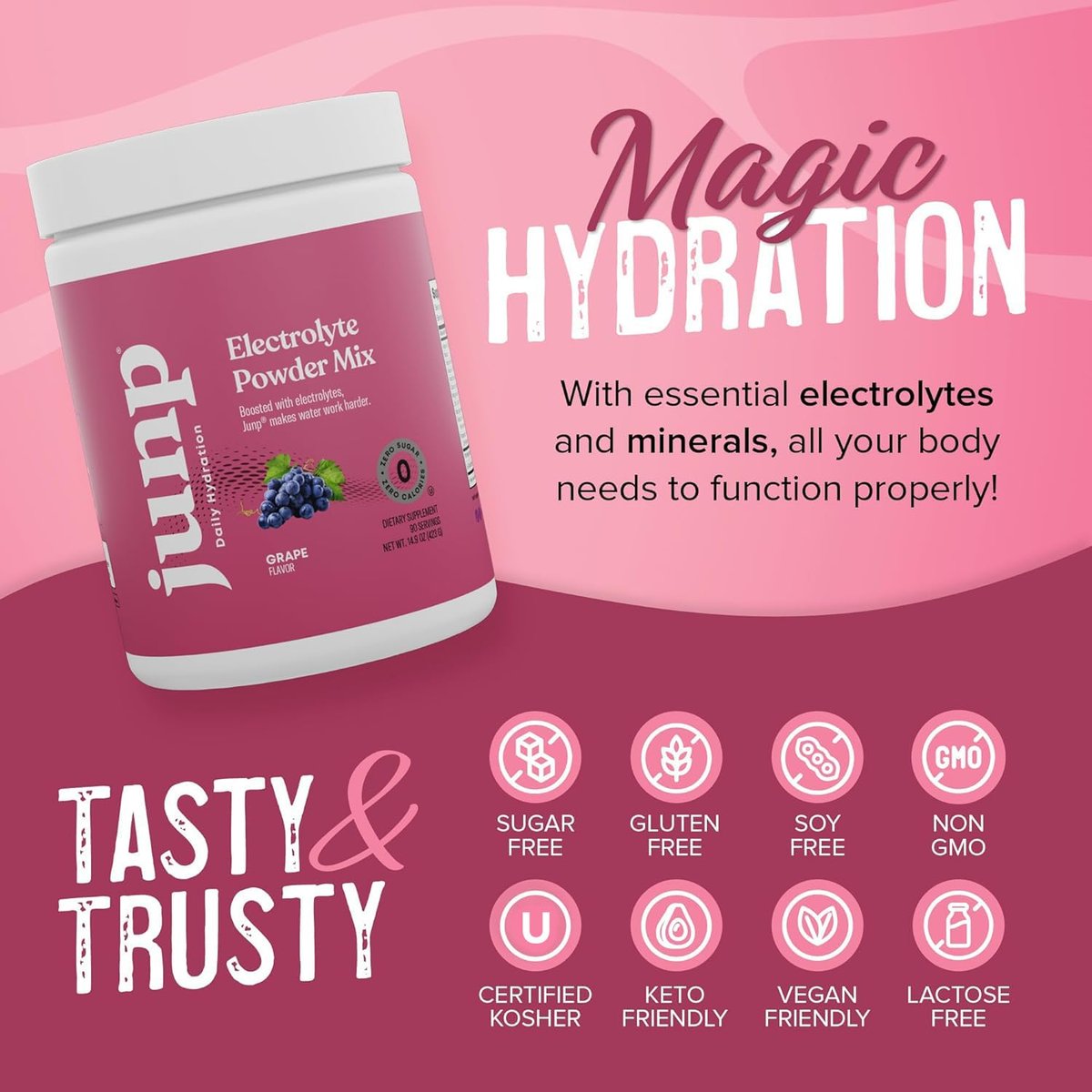 JUNP Electrolytes Pulver ohne Zucker und Kohlenhydrate – Trauben Keto Elektrolytgetränk – Kalium & Salz Hydrationspulver – Kalorienfrei, Zuckerfrei, 90 Portionen