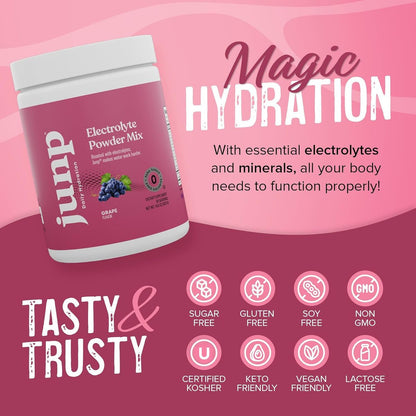 JUNP Electrolytes Pulver ohne Zucker und Kohlenhydrate – Trauben Keto Elektrolytgetränk – Kalium & Salz Hydrationspulver – Kalorienfrei, Zuckerfrei, 90 Portionen