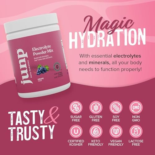 JUNP Electrolytes Pulver ohne Zucker und Kohlenhydrate – Trauben Keto Elektrolytgetränk – Kalium & Salz Hydrationspulver – Kalorienfrei, Zuckerfrei, 90 Portionen