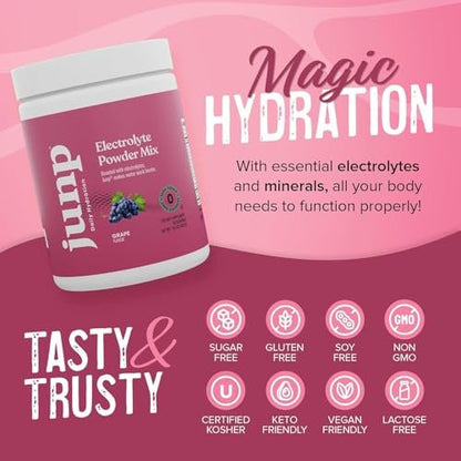 JUNP Electrolytes Pulver ohne Zucker und Kohlenhydrate – Trauben Keto Elektrolytgetränk – Kalium & Salz Hydrationspulver – Kalorienfrei, Zuckerfrei, 90 Portionen