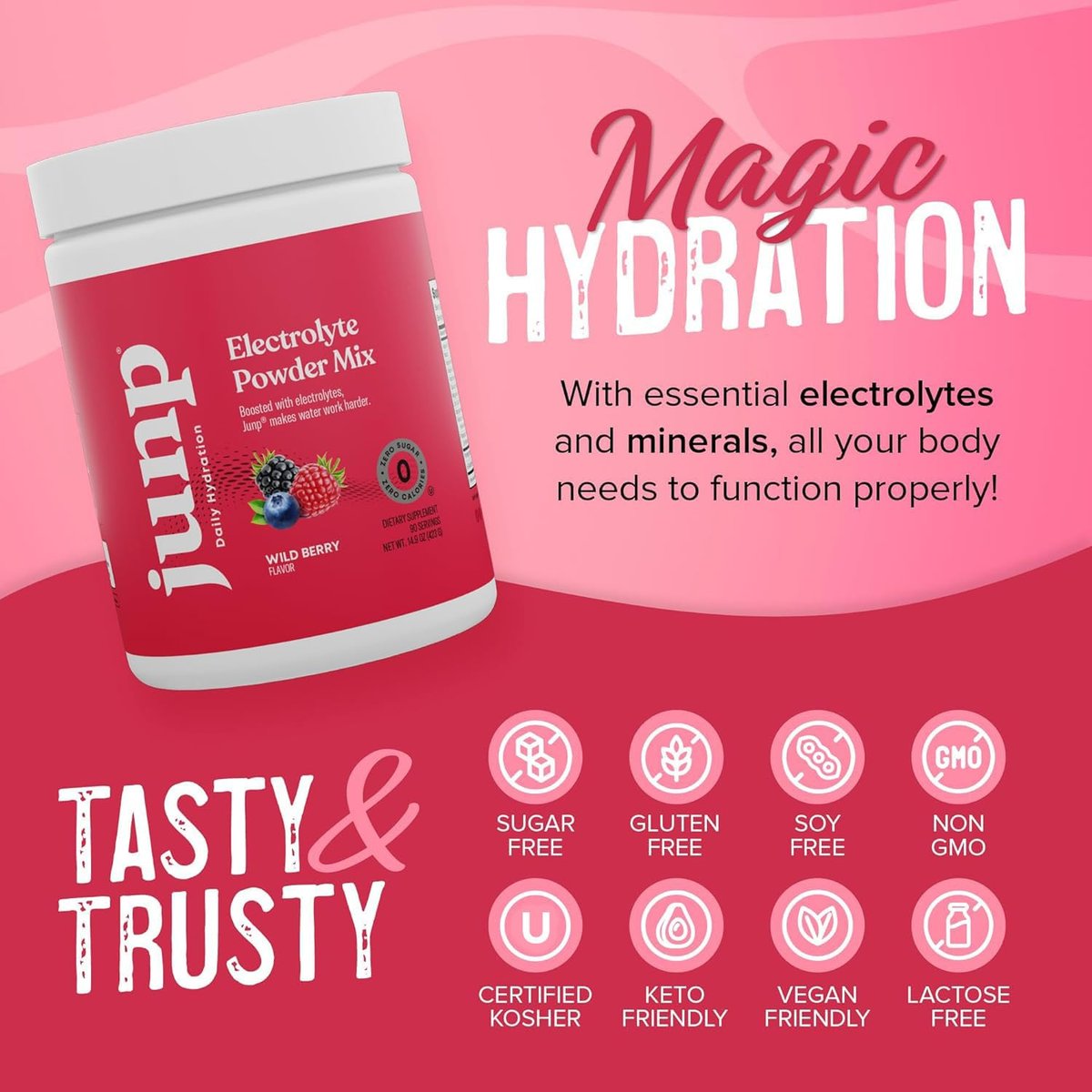 JUNP Elektrolyte Pulver ohne Zucker und Kohlenhydrate, Wild Beerengeschmack, Keto Elektrolytgetränk mit Kalium und Salz, Null Kalorien, zuckerfrei, 90 Portionen