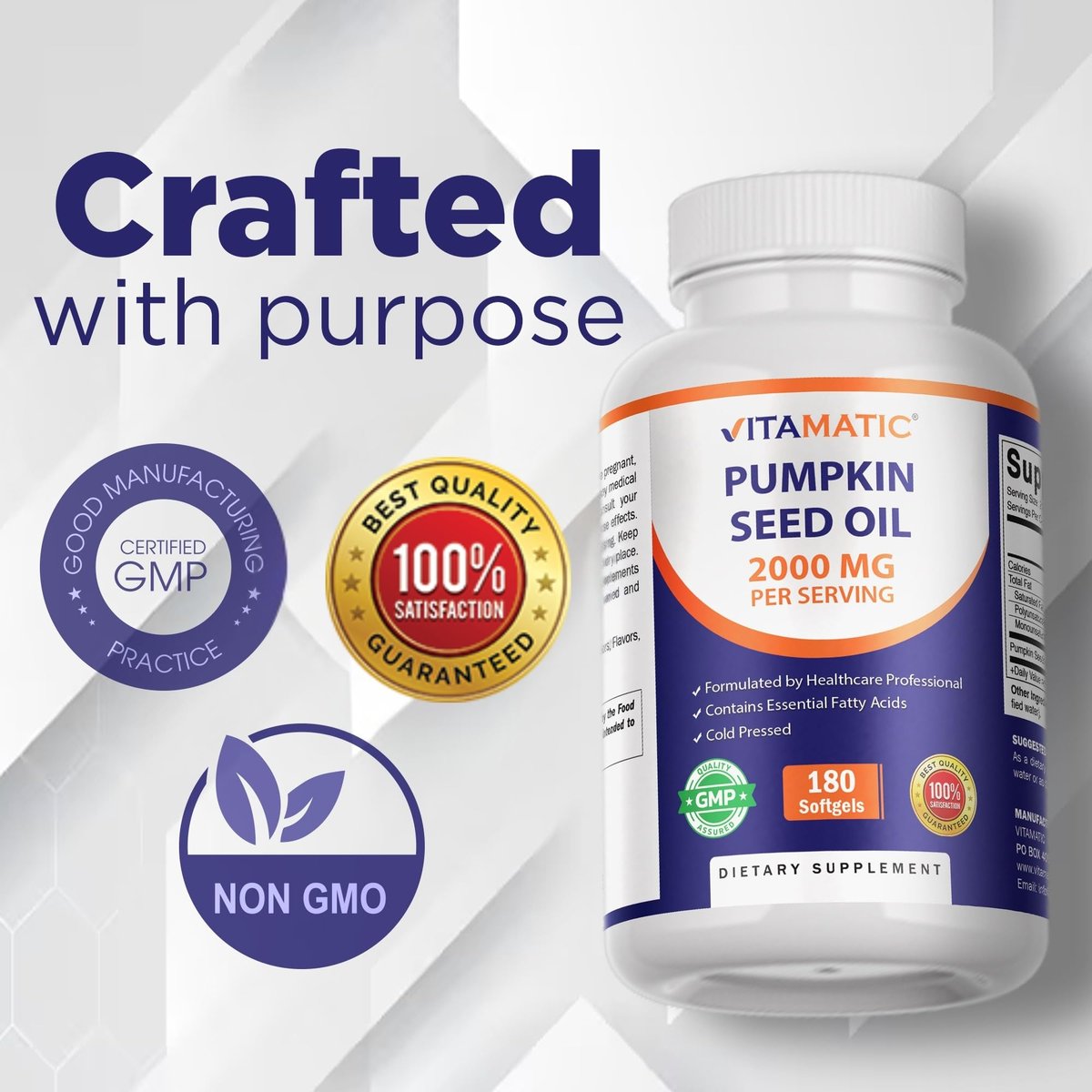 Vitamatic Kürbiskernöl 2000mg Weichkapseln pro Portion - 180 Weichkapseln - 1000mg pro Kapsel