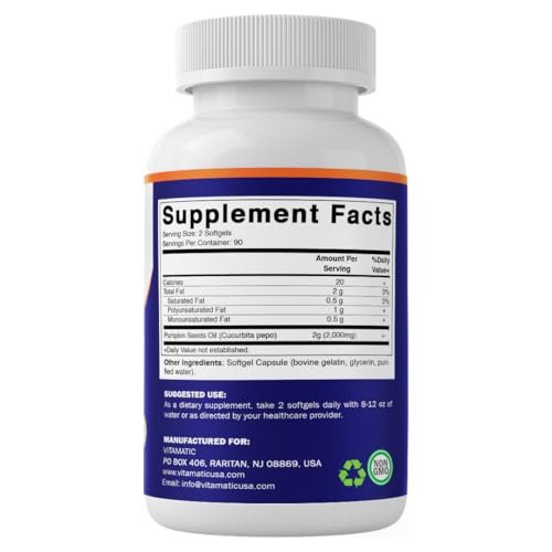 Vitamatic Kürbiskernöl 2000mg Weichkapseln pro Portion - 180 Weichkapseln - 1000mg pro Kapsel