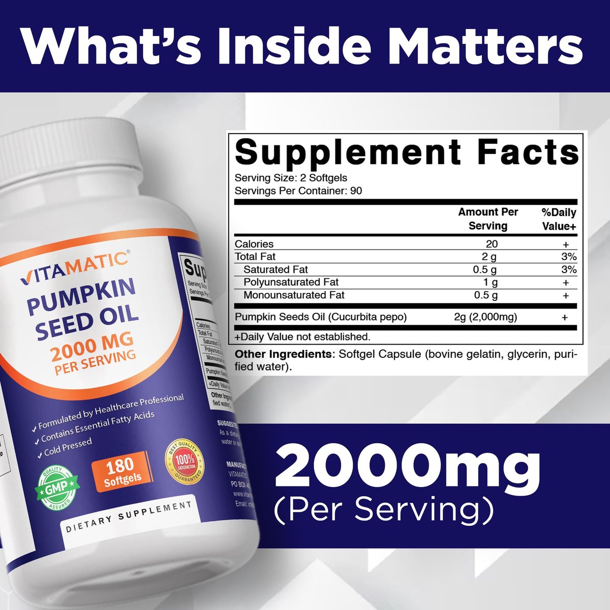 Vitamatic Kürbiskernöl 2000mg Weichkapseln pro Portion - 180 Weichkapseln - 1000mg pro Kapsel