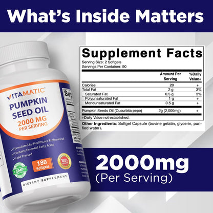 Vitamatic Kürbiskernöl 2000mg Weichkapseln pro Portion - 180 Weichkapseln - 1000mg pro Kapsel