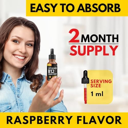 Vitamin B12 Flüssig-Tropfen - Vegane B12 Vitamine 5000 mcg Methylcobalamin, schnell wirkend, sublingual, B-Komplex mit B2, B3, B6 - Ohne Gentechnik, laktosefrei, sojafrei, zuckerfrei, Himbeergeschmack, 59 ml