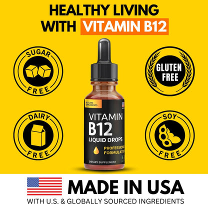 Vitamin B12 Flüssig-Tropfen - Vegane B12 Vitamine 5000 mcg Methylcobalamin, schnell wirkend, sublingual, B-Komplex mit B2, B3, B6 - Ohne Gentechnik, laktosefrei, sojafrei, zuckerfrei, Himbeergeschmack, 59 ml