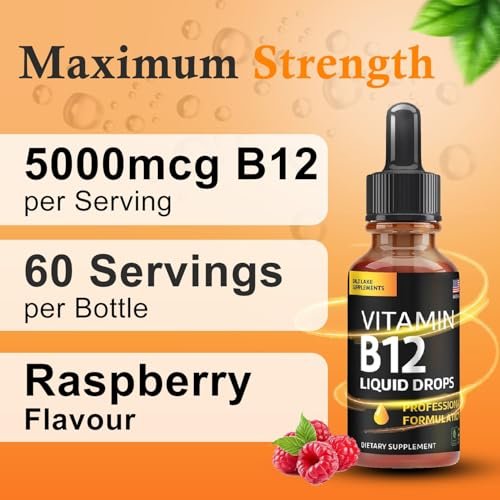 Vitamin B12 Flüssig-Tropfen - Vegane B12 Vitamine 5000 mcg Methylcobalamin, schnell wirkend, sublingual, B-Komplex mit B2, B3, B6 - Ohne Gentechnik, laktosefrei, sojafrei, zuckerfrei, Himbeergeschmack, 59 ml