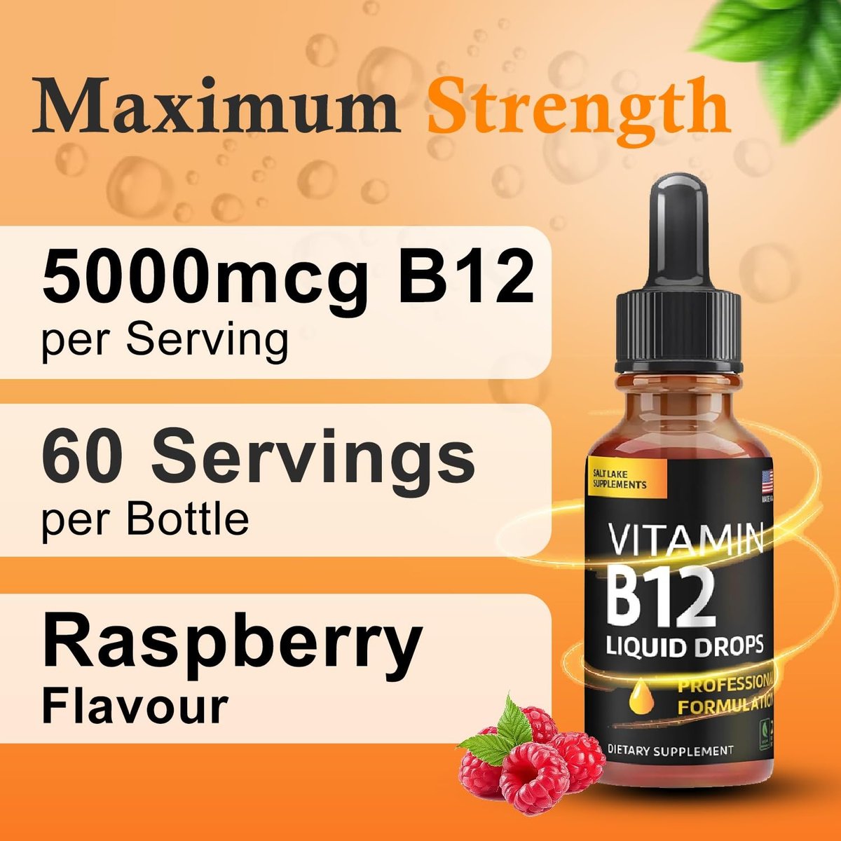 Vitamin B12 Flüssig-Tropfen - Vegane B12 Vitamine 5000 mcg Methylcobalamin, schnell wirkend, sublingual, B-Komplex mit B2, B3, B6 - Ohne Gentechnik, laktosefrei, sojafrei, zuckerfrei, Himbeergeschmack, 59 ml