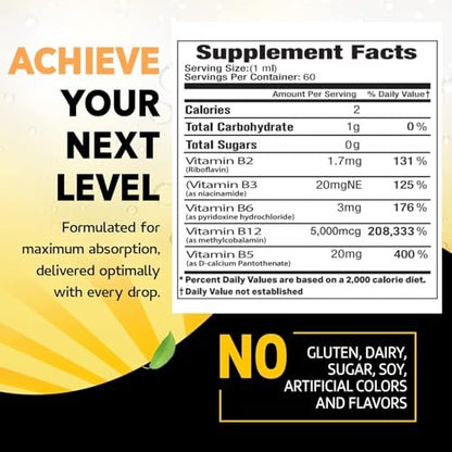 Vitamin B12 Flüssig-Tropfen - Vegane B12 Vitamine 5000 mcg Methylcobalamin, schnell wirkend, sublingual, B-Komplex mit B2, B3, B6 - Ohne Gentechnik, laktosefrei, sojafrei, zuckerfrei, Himbeergeschmack, 59 ml