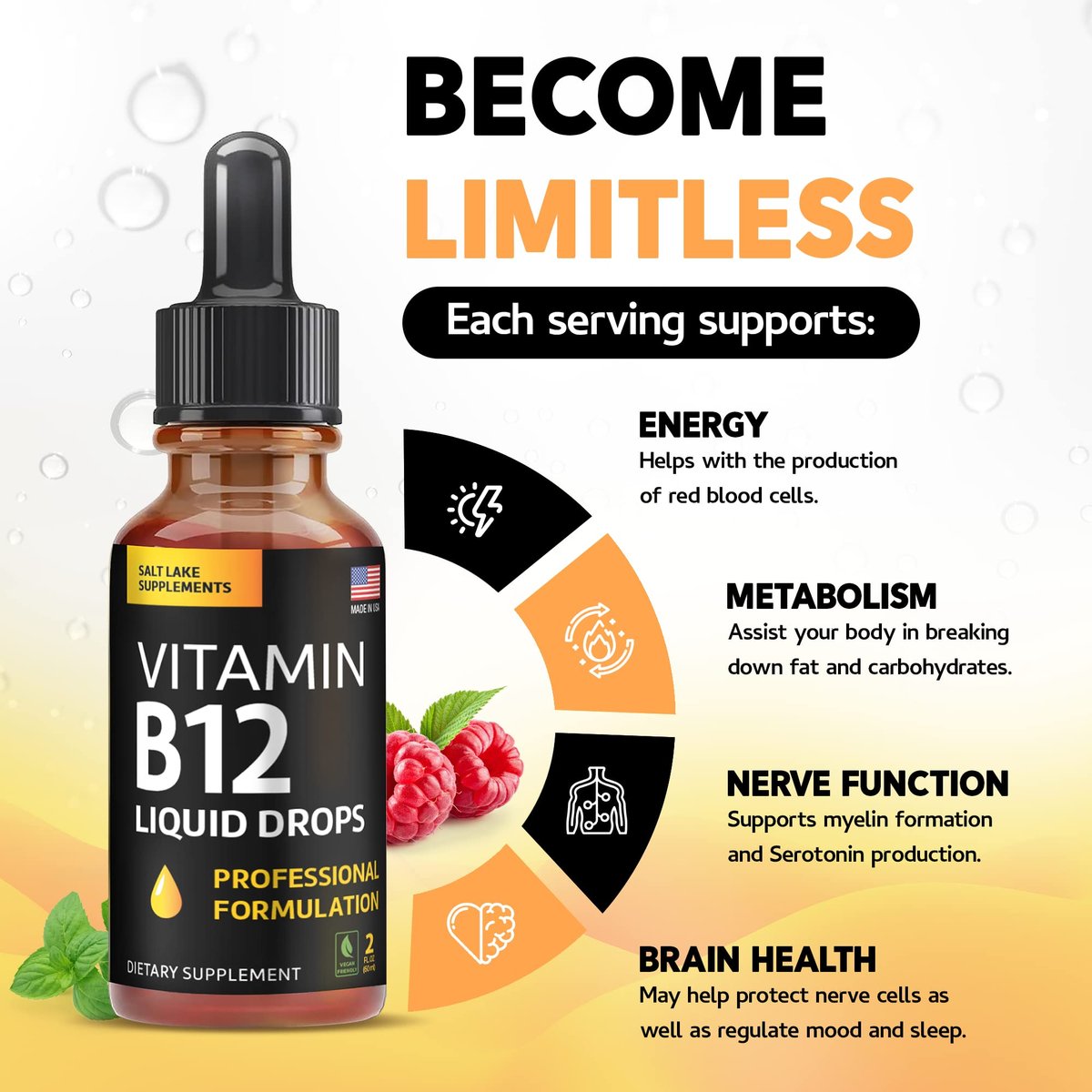 Vitamin B12 Flüssig-Tropfen - Vegane B12 Vitamine 5000 mcg Methylcobalamin, schnell wirkend, sublingual, B-Komplex mit B2, B3, B6 - Ohne Gentechnik, laktosefrei, sojafrei, zuckerfrei, Himbeergeschmack, 59 ml