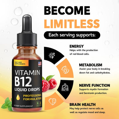 Vitamin B12 Flüssig-Tropfen - Vegane B12 Vitamine 5000 mcg Methylcobalamin, schnell wirkend, sublingual, B-Komplex mit B2, B3, B6 - Ohne Gentechnik, laktosefrei, sojafrei, zuckerfrei, Himbeergeschmack, 59 ml