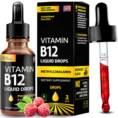 Vitamin B12 Flüssig-Tropfen - Vegane B12 Vitamine 5000 mcg Methylcobalamin, schnell wirkend, sublingual, B-Komplex mit B2, B3, B6 - Ohne Gentechnik, laktosefrei, sojafrei, zuckerfrei, Himbeergeschmack, 59 ml
