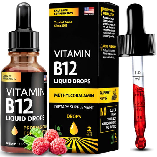 Vitamin B12 Flüssig-Tropfen - Vegane B12 Vitamine 5000 mcg Methylcobalamin, schnell wirkend, sublingual, B-Komplex mit B2, B3, B6 - Ohne Gentechnik, laktosefrei, sojafrei, zuckerfrei, Himbeergeschmack, 59 ml