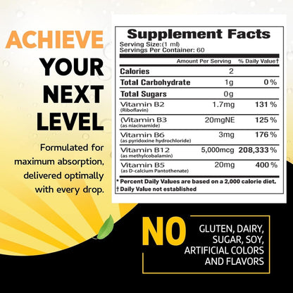 Vitamin B12 Flüssig-Tropfen - Vegane B12 Vitamine 5000 mcg Methylcobalamin, schnell wirkend, sublingual, B-Komplex mit B2, B3, B6 - Ohne Gentechnik, laktosefrei, sojafrei, zuckerfrei, Himbeergeschmack, 59 ml
