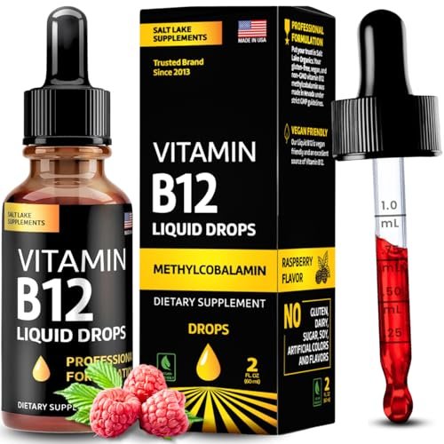 Vitamin B12 Flüssig-Tropfen - Vegane B12 Vitamine 5000 mcg Methylcobalamin, schnell wirkend, sublingual, B-Komplex mit B2, B3, B6 - Ohne Gentechnik, laktosefrei, sojafrei, zuckerfrei, Himbeergeschmack, 59 ml