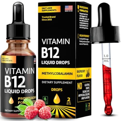 Vitamin B12 Flüssig-Tropfen - Vegane B12 Vitamine 5000 mcg Methylcobalamin, schnell wirkend, sublingual, B-Komplex mit B2, B3, B6 - Ohne Gentechnik, laktosefrei, sojafrei, zuckerfrei, Himbeergeschmack, 59 ml